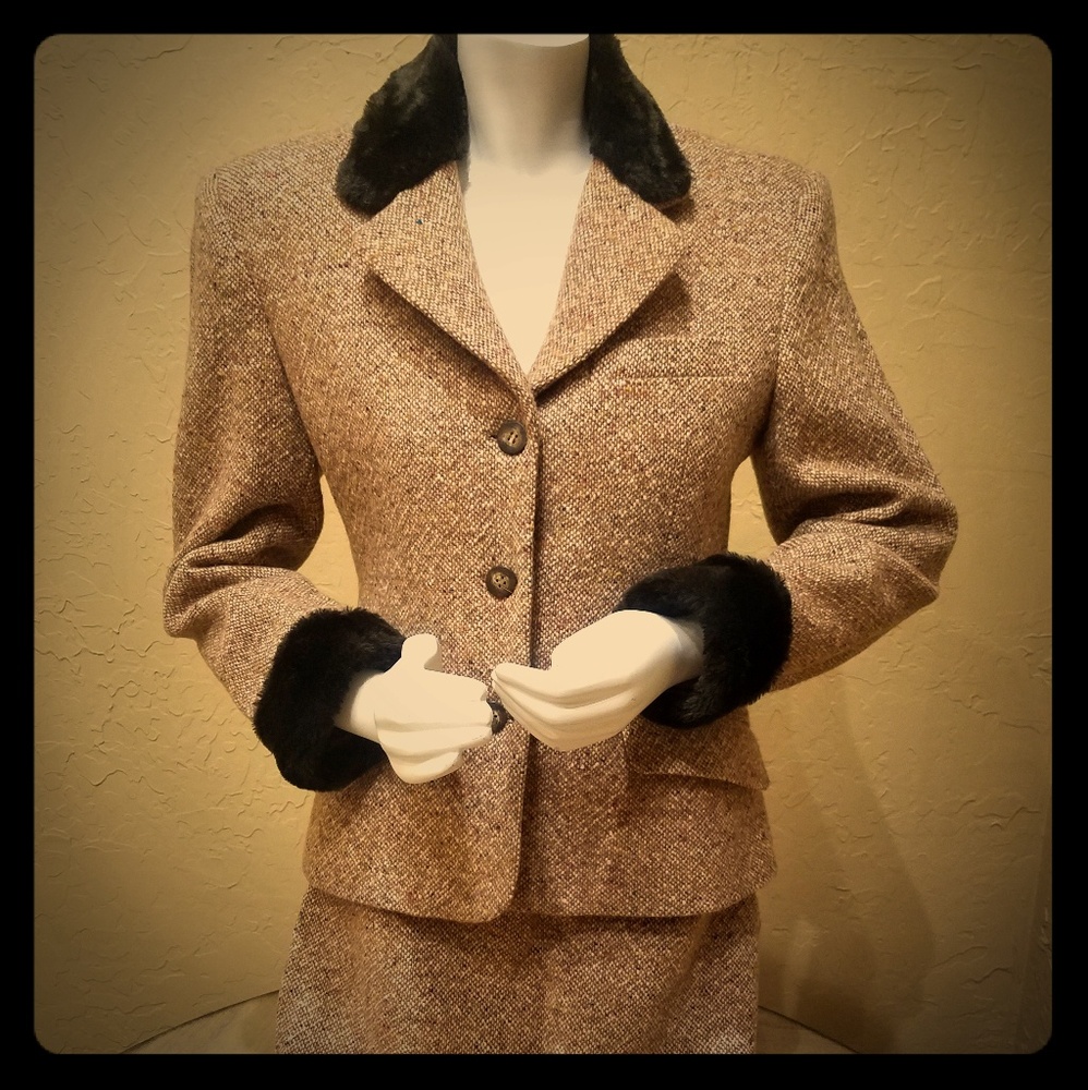 Vintage Tweed and Faux Fur Skirt Suit